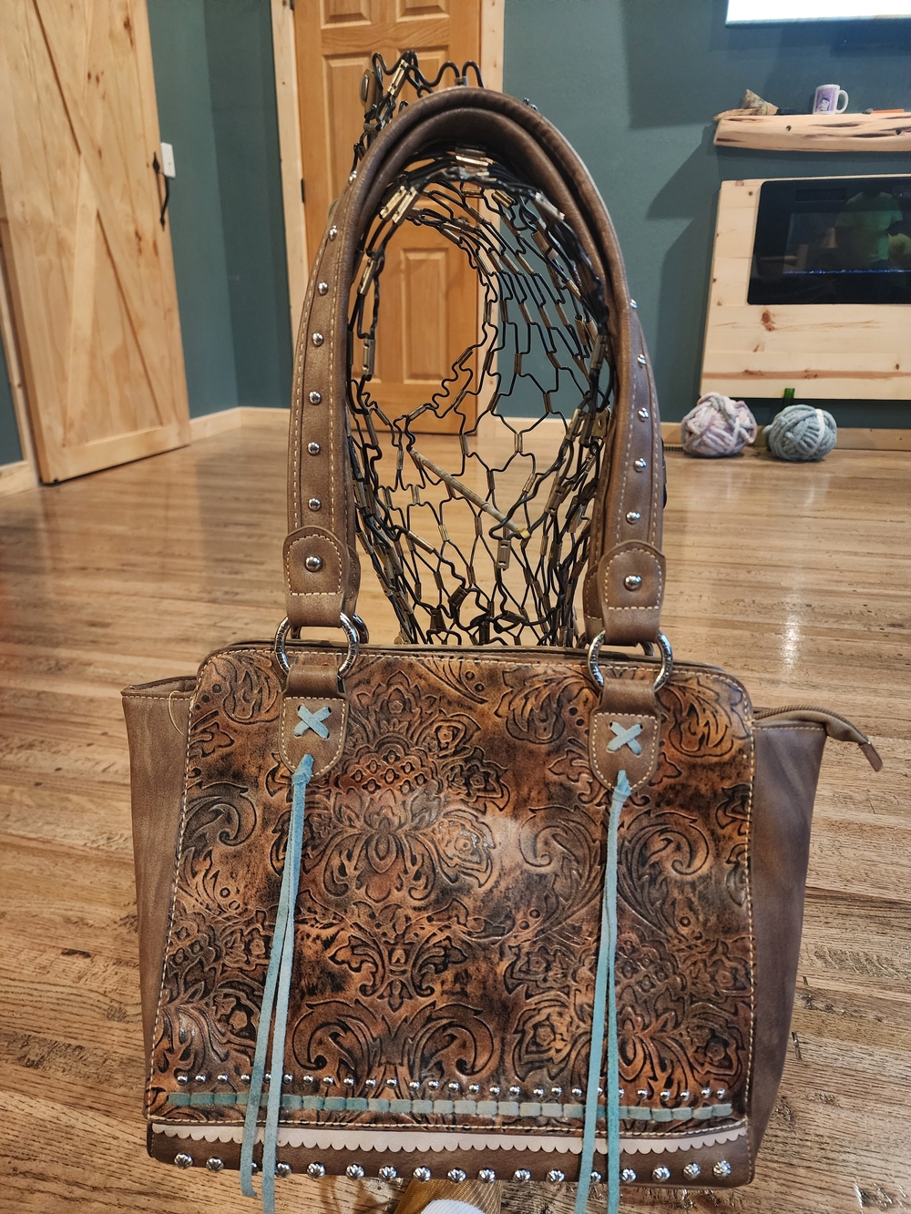 American Bling Concealed Carry Brown Tooled Leather Shoulder Bag